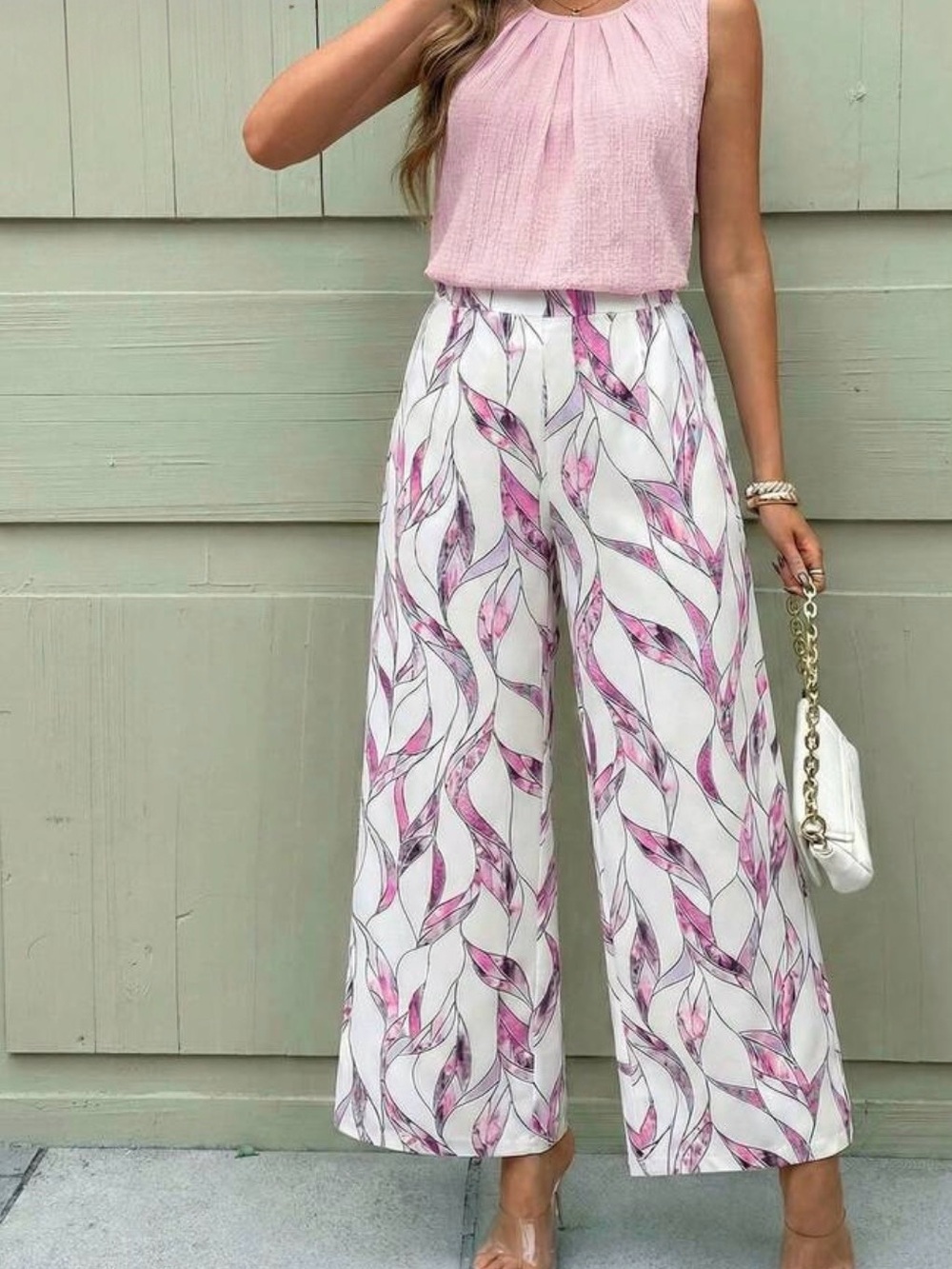 Wide-Leg Printed Palazzo Pants - Pink White